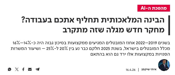 כותרת כתבה: הבינה המלאכותית תחליף אתכם בעבודה? מחקר חדש מגלה שזה מתקרב. בשנת 2025 חלקם של המובטלים ממקצועות בסיכון גבוה כבר נע בין 20% ל-25%.